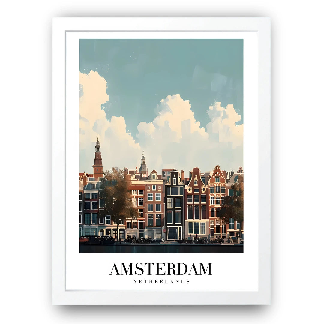 Amsterdam travel poster in white frame