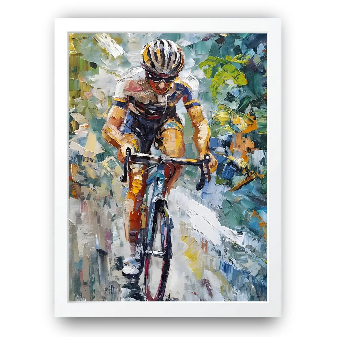 Cyclist Brushwork sport poster in white frame