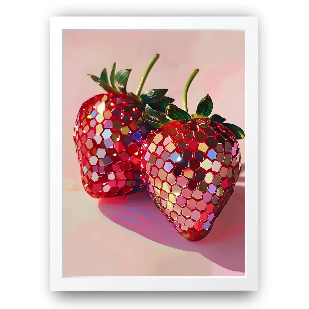 Disco Strawberries art poster in white frame