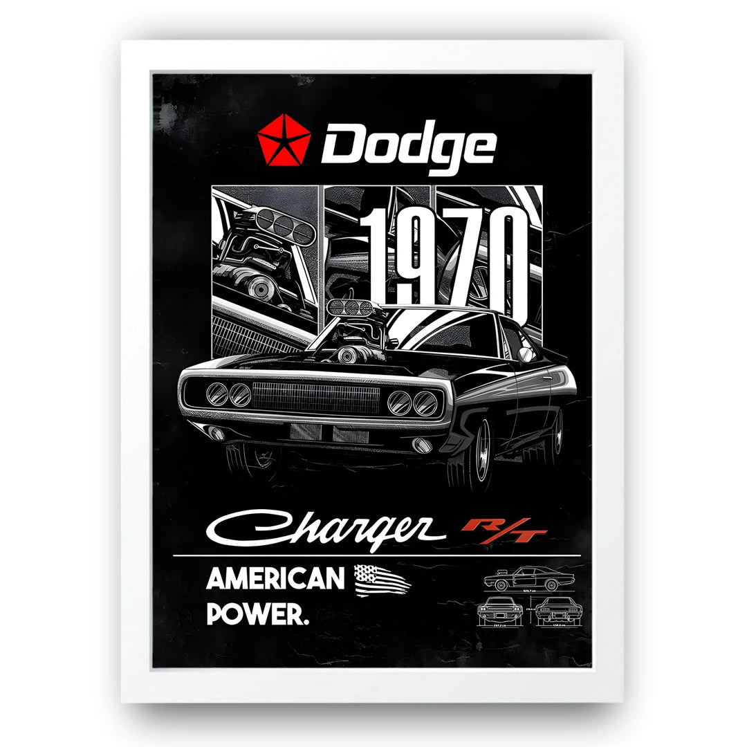 Charger 1970 car poster in white frame