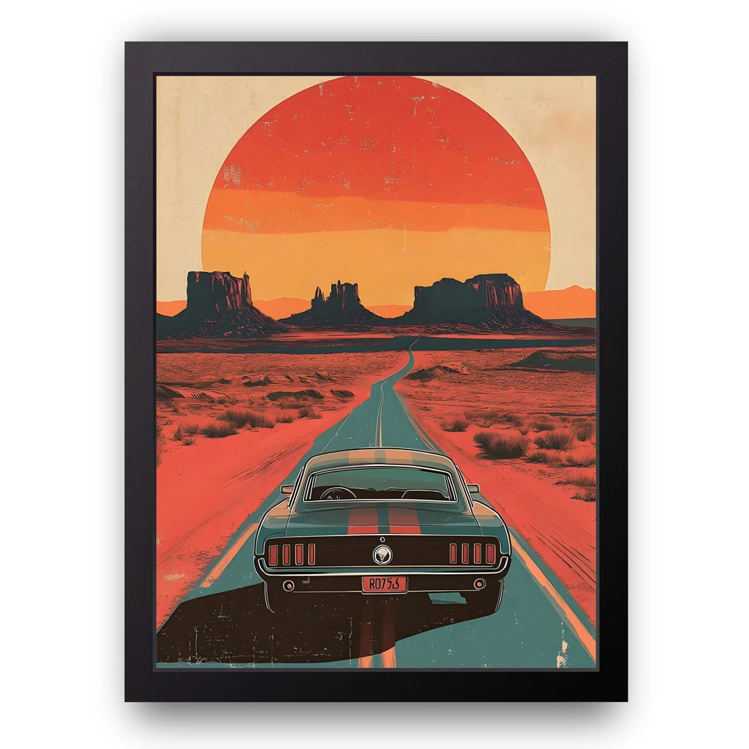 Desert Sunset Muscle car poster in black frame