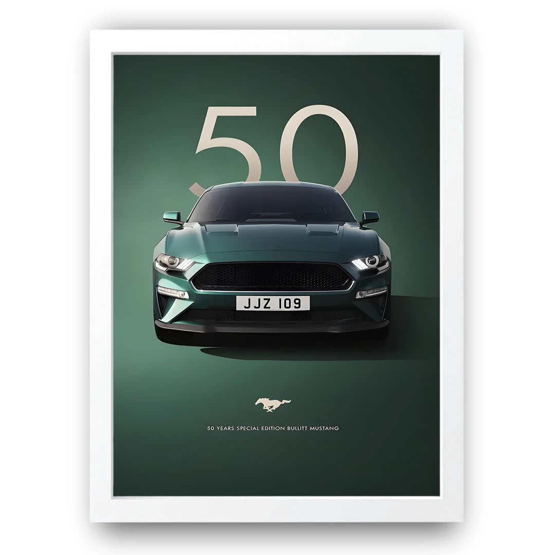Bullitt 50 Years car poster in white frame