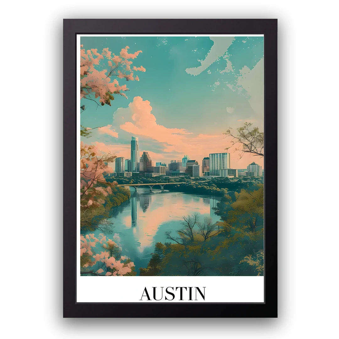 Austin travel poster in black frame