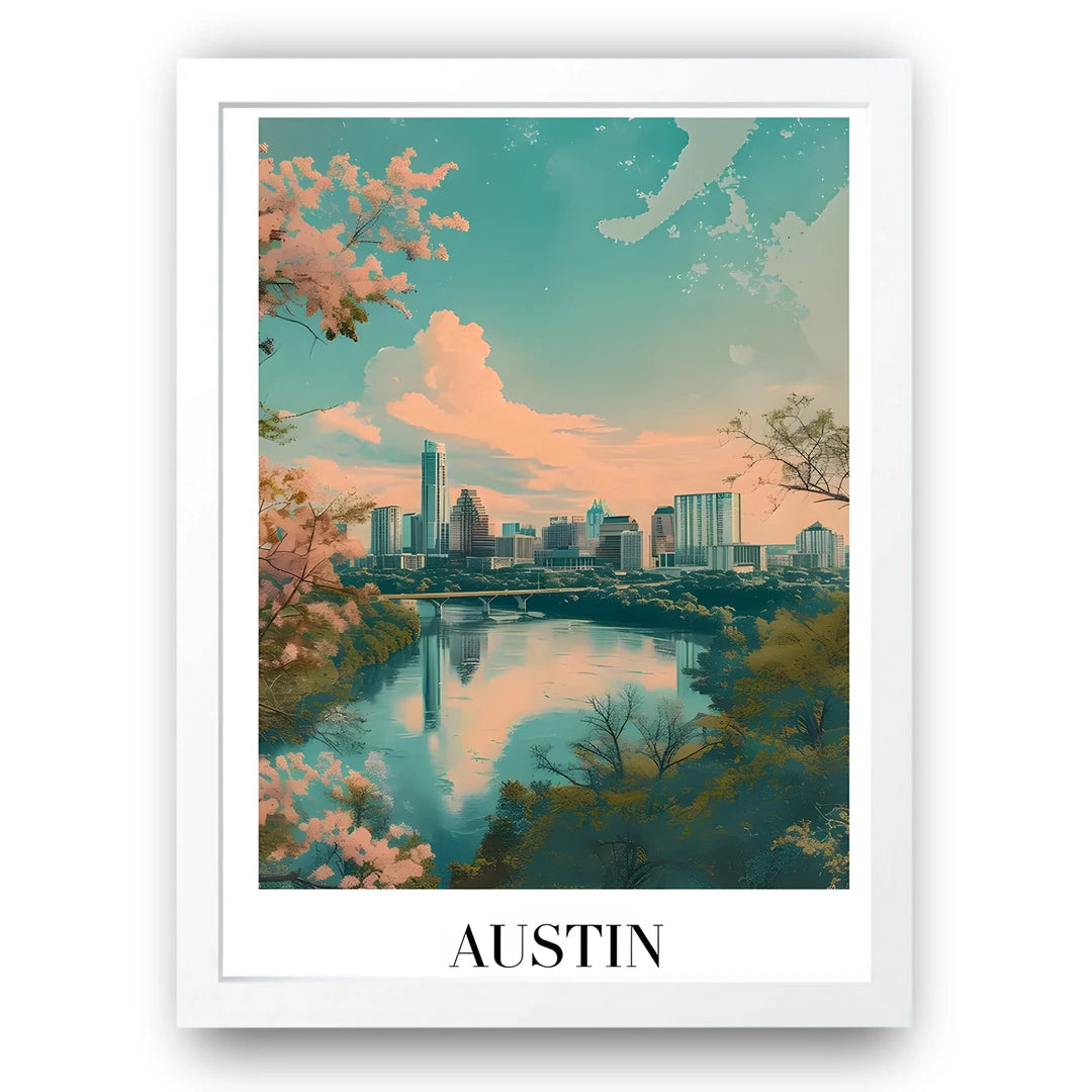 Austin travel poster in white frame