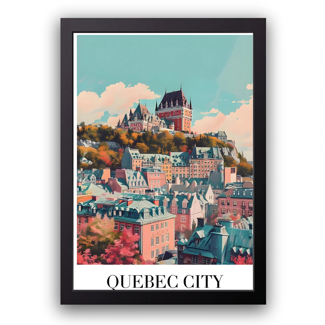 Quebec City travel poster in black frame