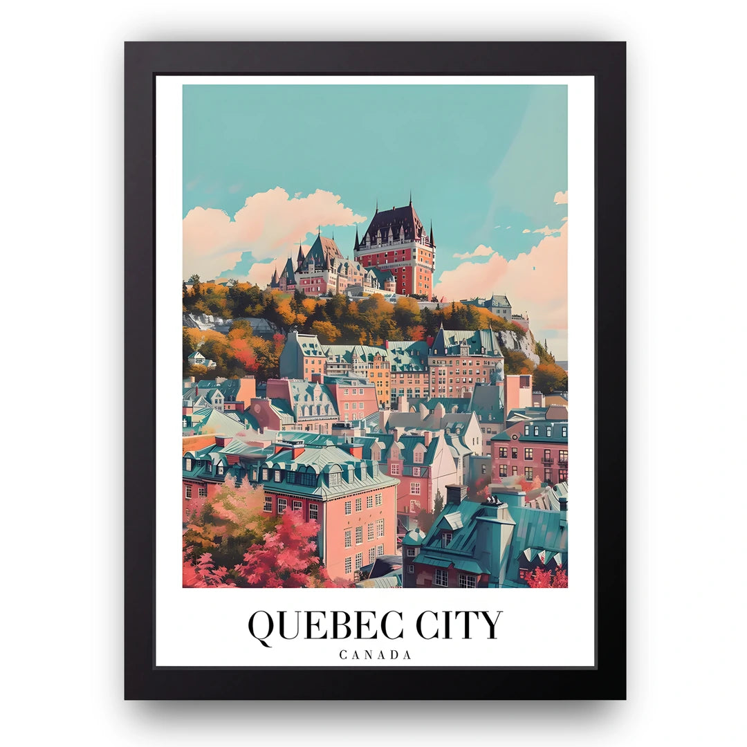 Quebec City travel poster in black frame
