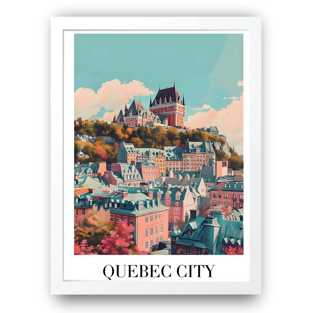 Quebec City travel poster in white frame