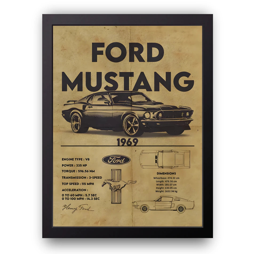 Mustang 1969 Spec car poster in black frame