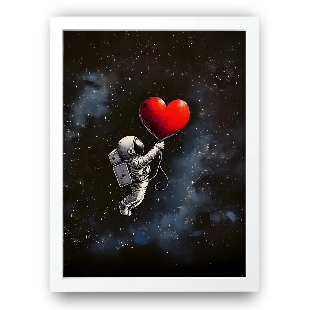 Heart Balloon Astronaut art poster in white frame
