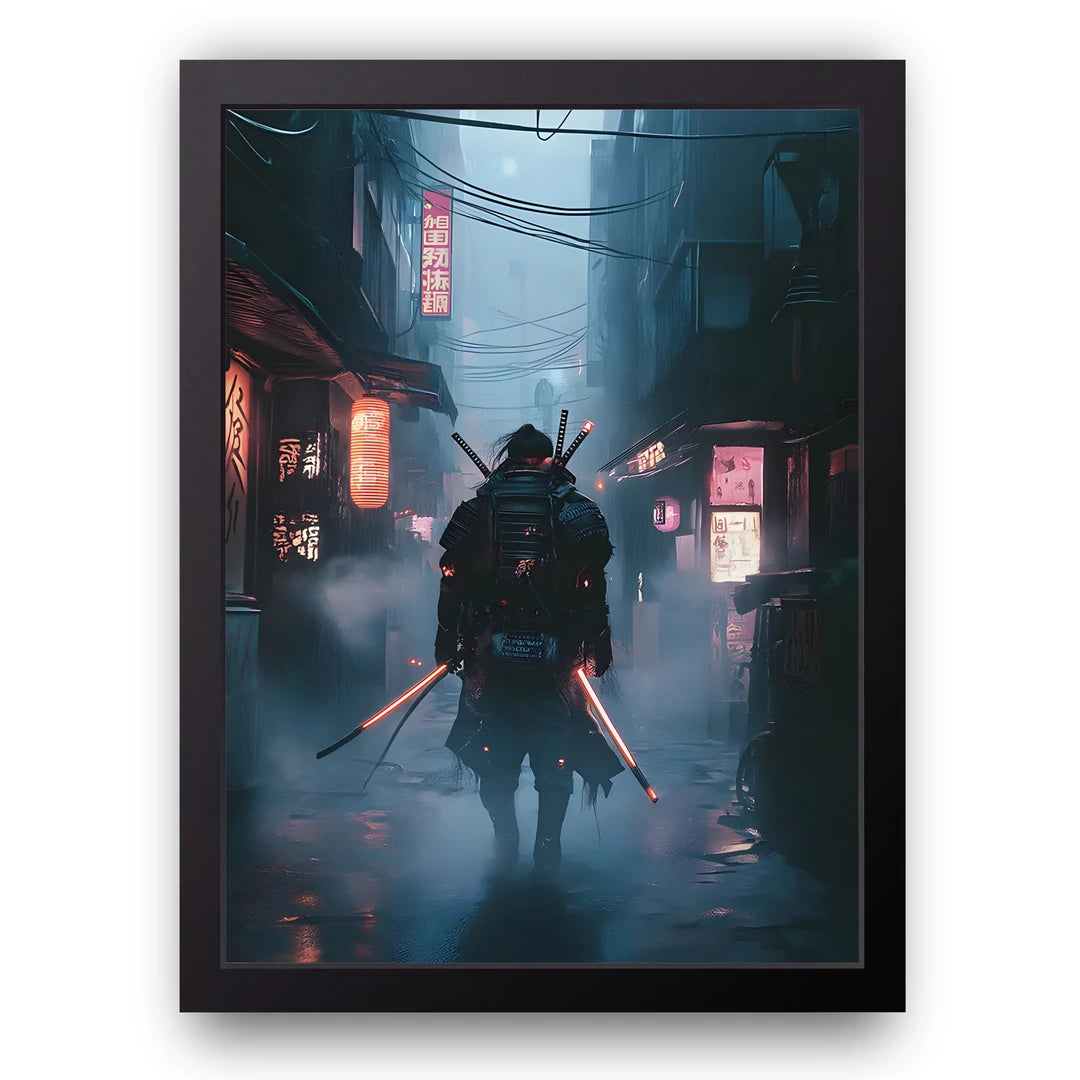 Cyber Samurai Alley art poster in black frame