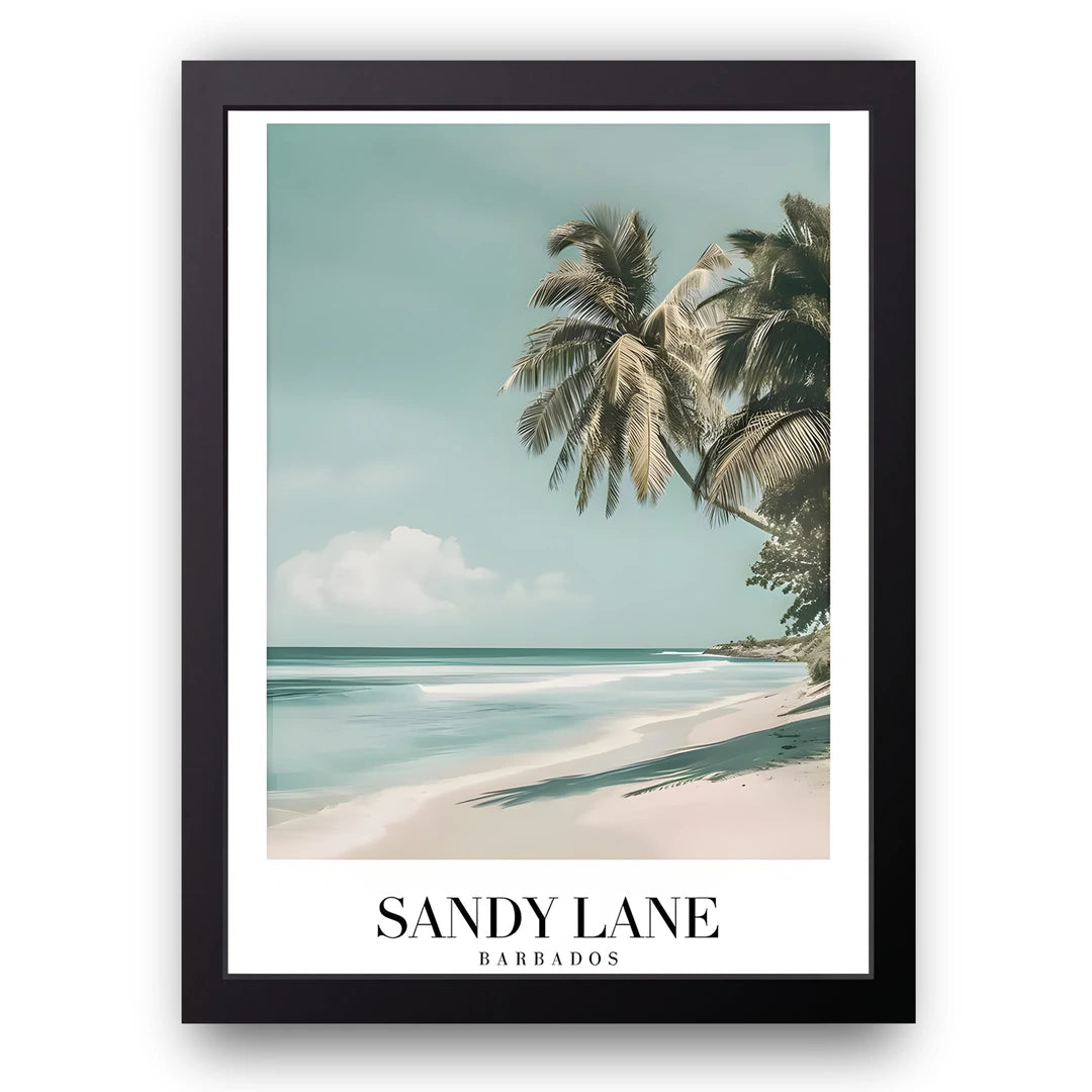 Sandy Lane travel poster in black frame