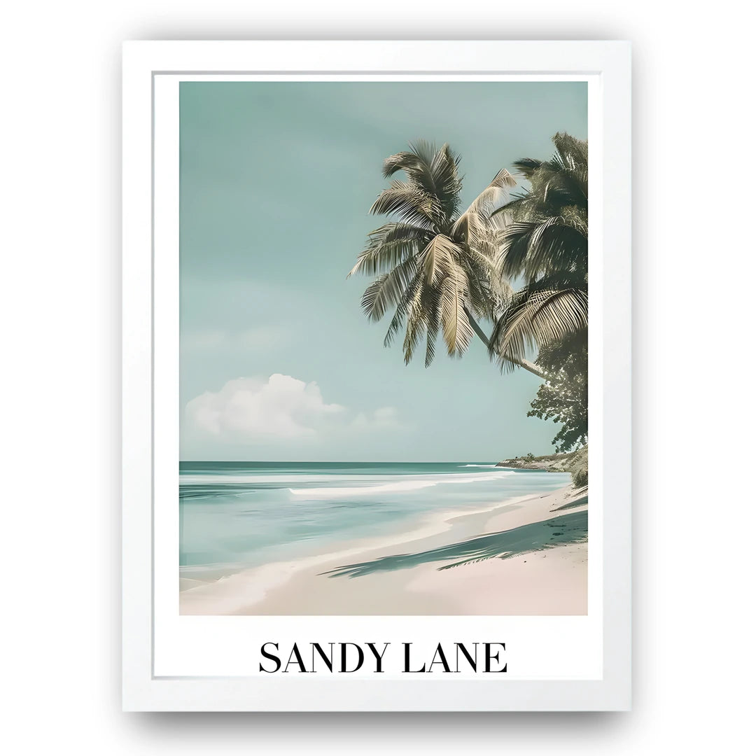 Sandy Lane travel poster in white frame