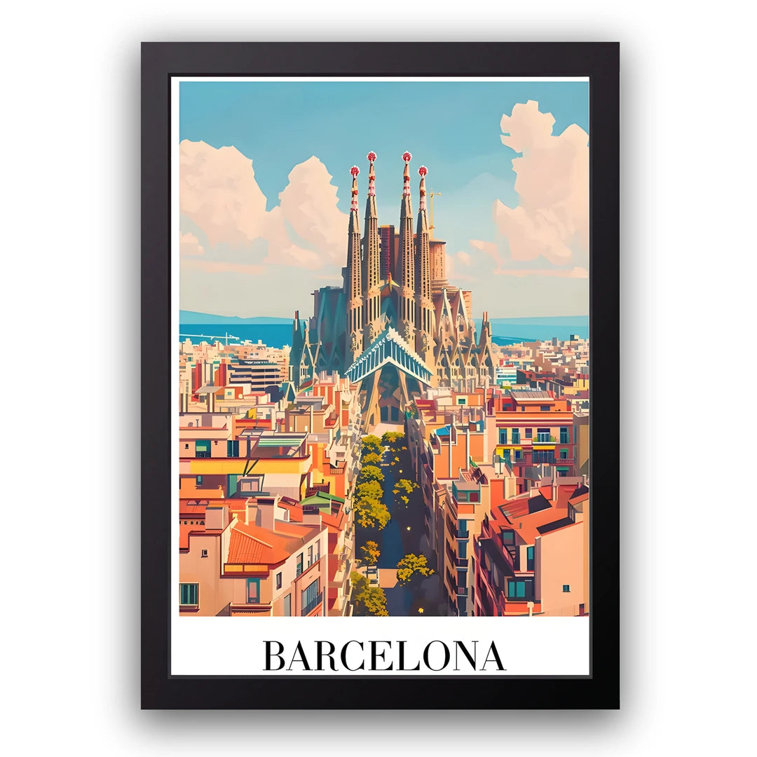 Barcelona travel poster in black frame