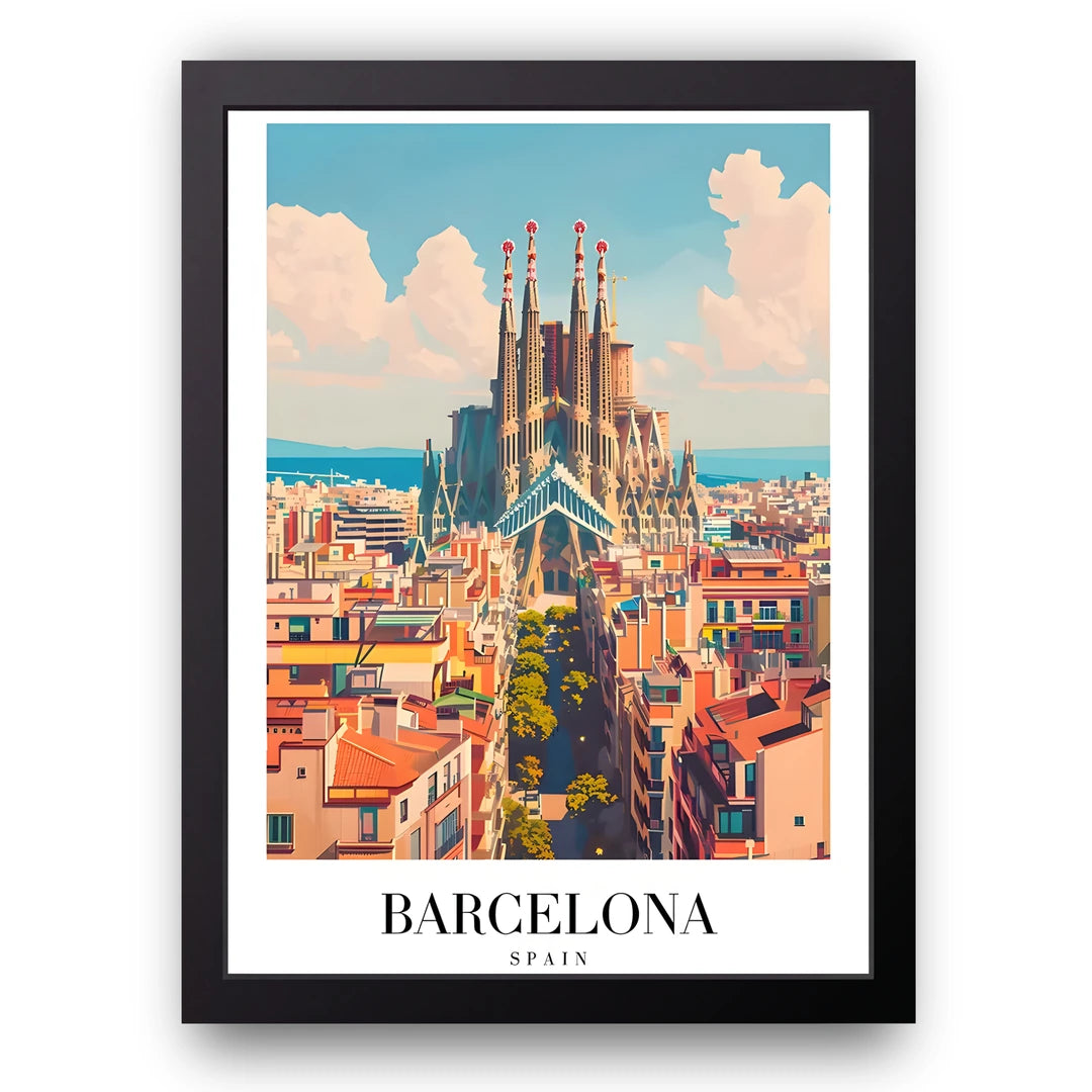 Barcelona travel poster in black frame