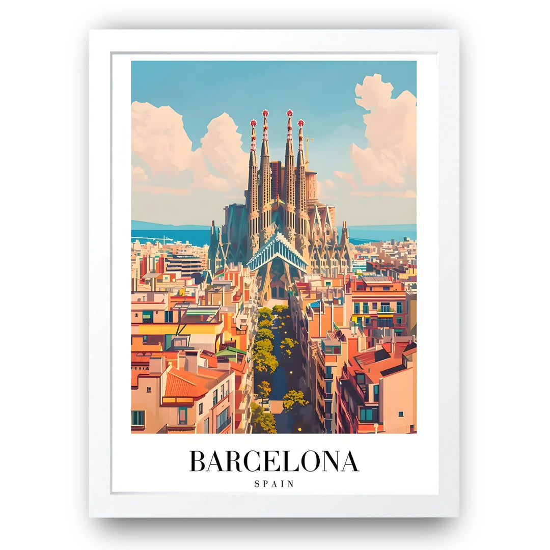 Barcelona travel poster in white frame