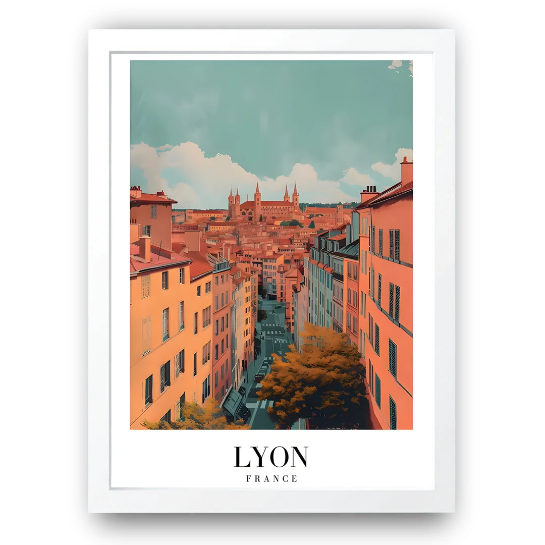 Lyon travel poster in white frame