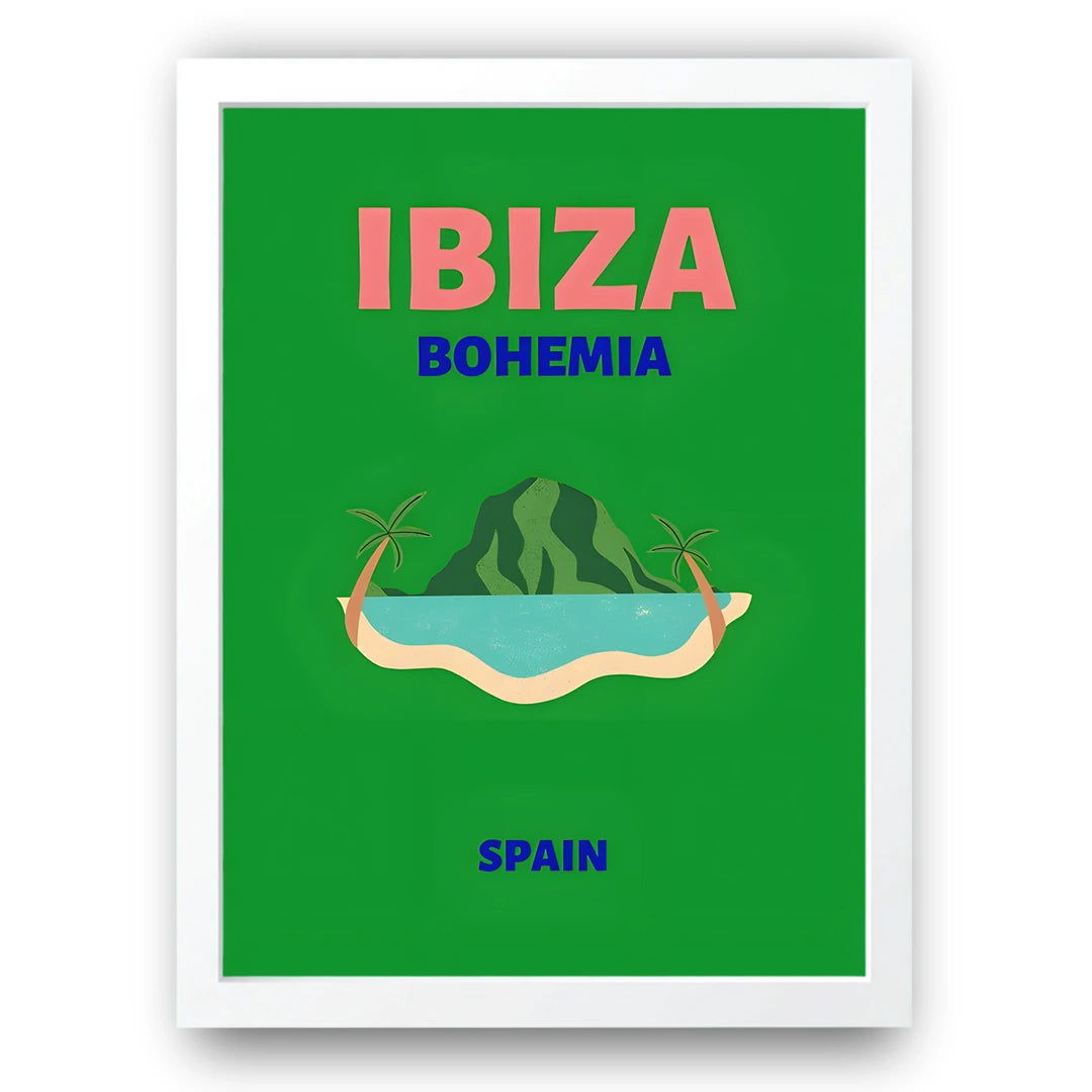 Ibiza Bohemia travel poster in white frame