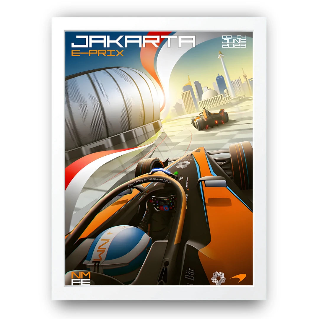 Jakarta E-Prix sport poster in white frame