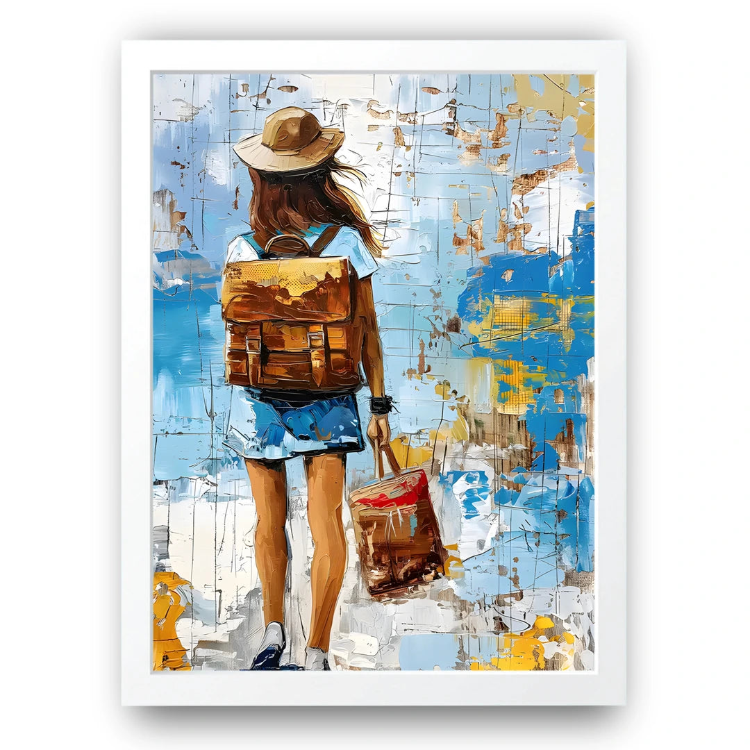Backpack Girl art poster in white frame