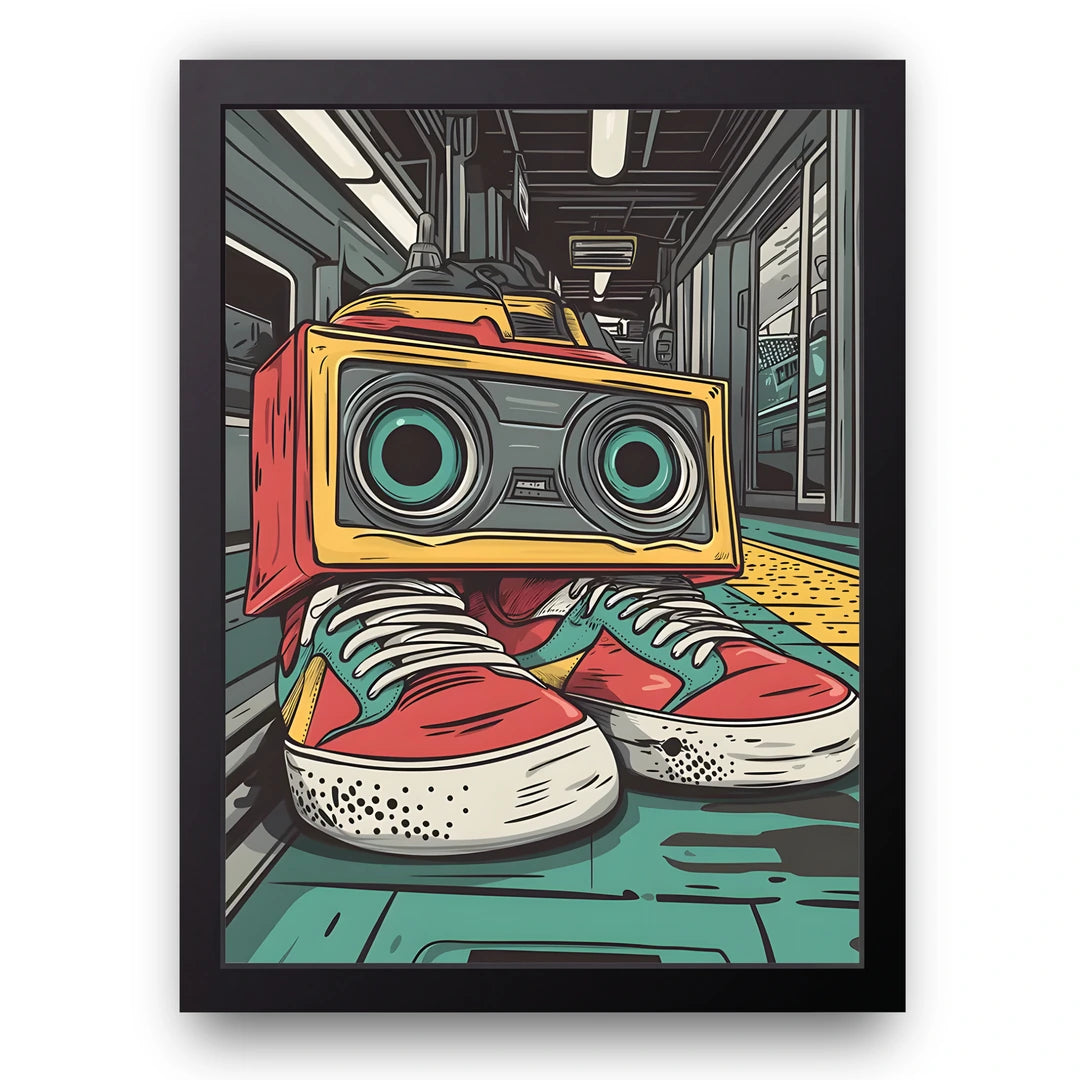 Boombox Sneakers art poster in black frame