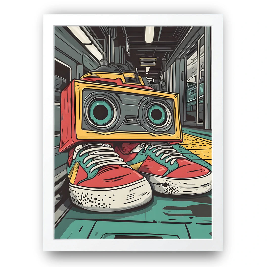Boombox Sneakers art poster in white frame