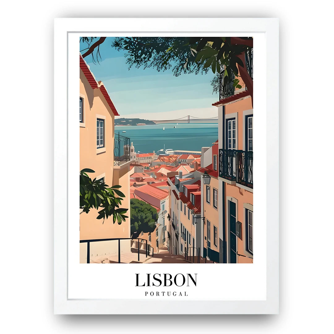 Lisbon travel poster in white frame