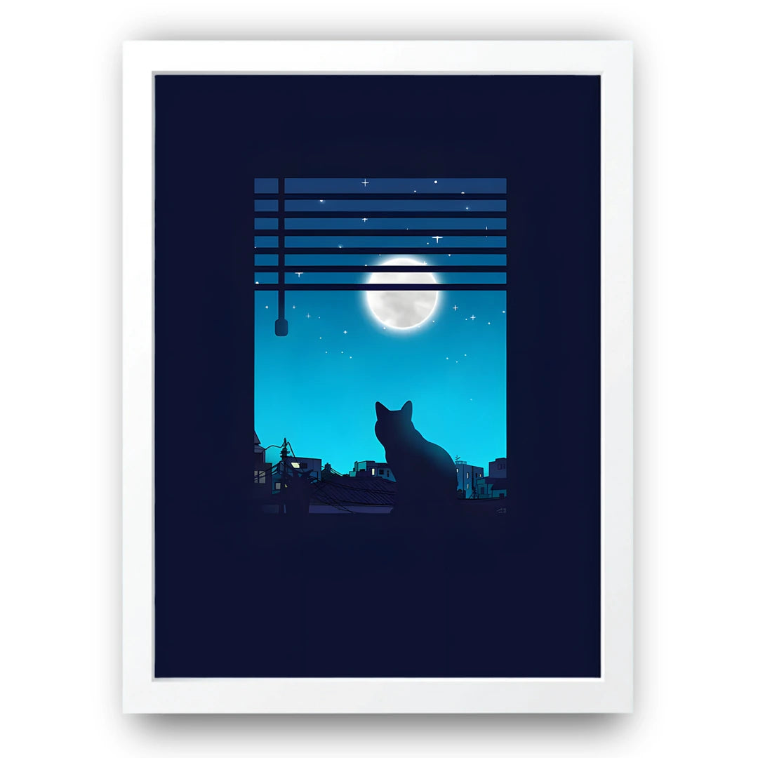 Cat At The Window animal poster in white frame