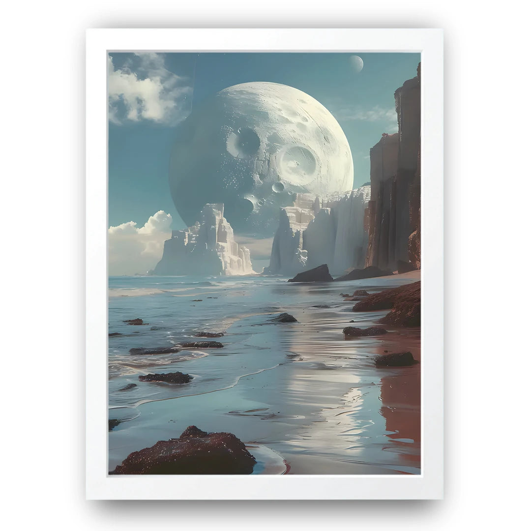 Moon Over The Coast art poster in white frame