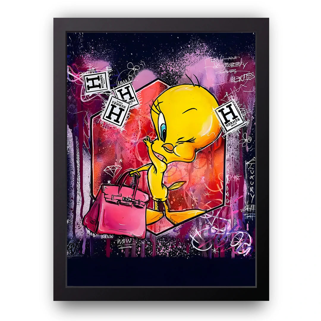 Bird With A Bag cartoon poster in black frame