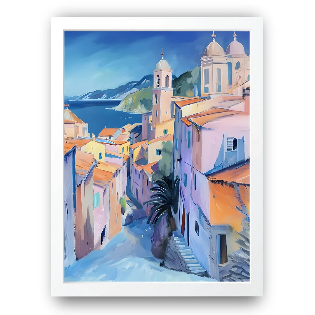 Med Village art poster in white frame