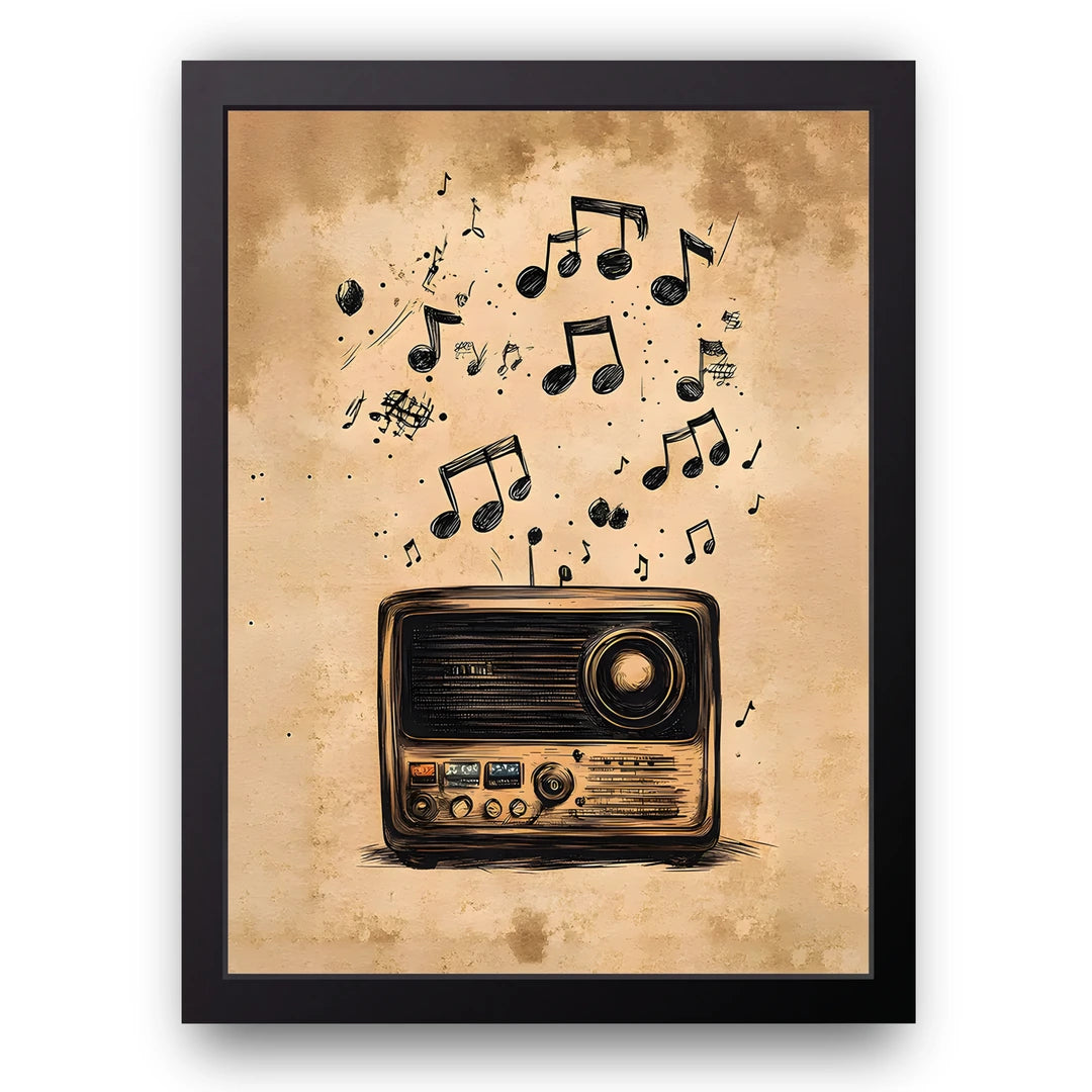 Retro Radio Notes retro poster in black frame