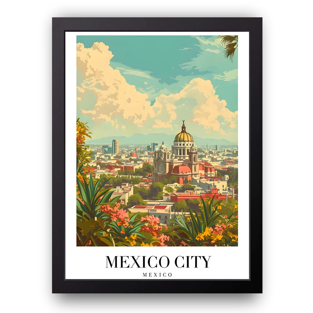 Mexico City travel poster in black frame