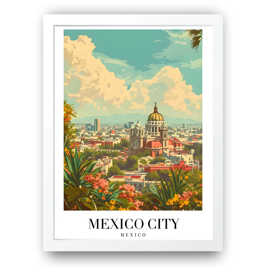 Mexico City travel poster in white frame