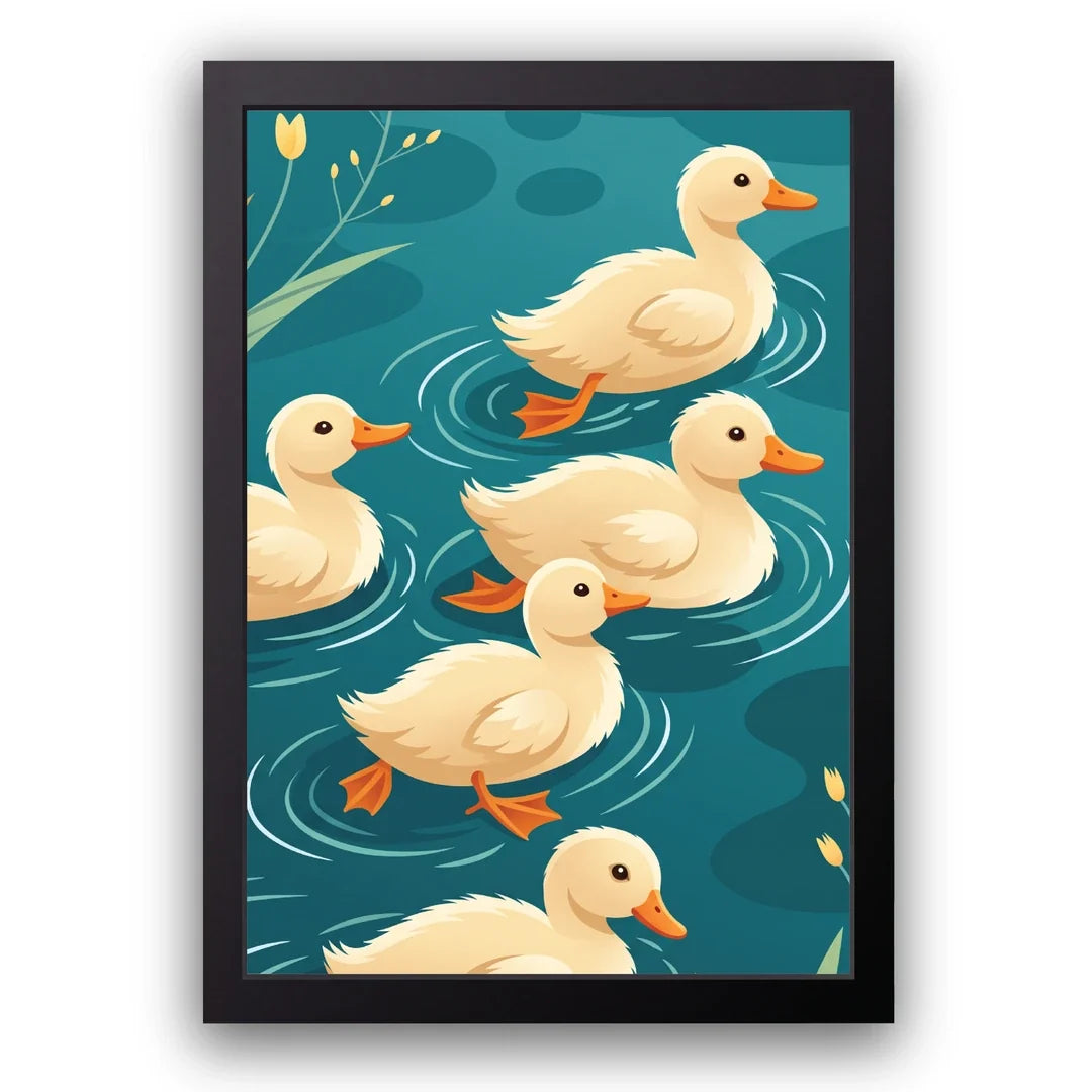 Ducklings swimming poster in black frame