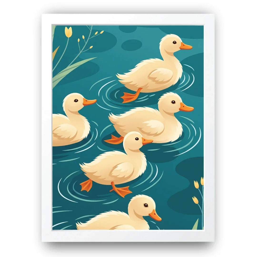 Ducklings swimming poster in white frame