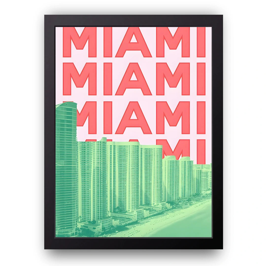 Miami Type travel poster in black frame