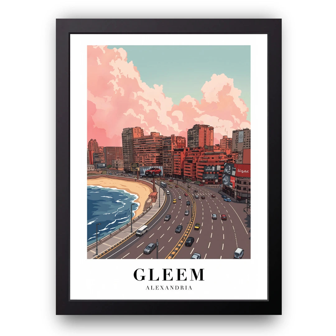 Gleem Alexandria travel poster in black frame