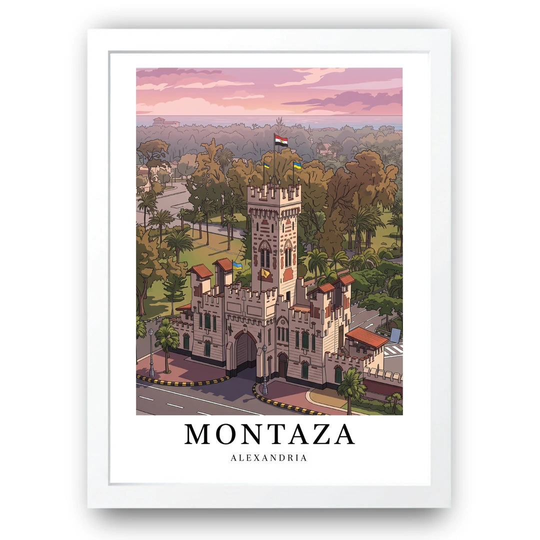 Montaza Alexandria travel poster in white frame