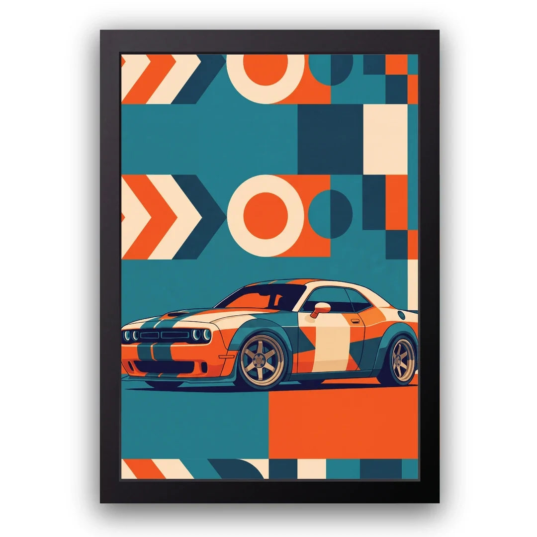 Orange muscle car geometric poster in black frame