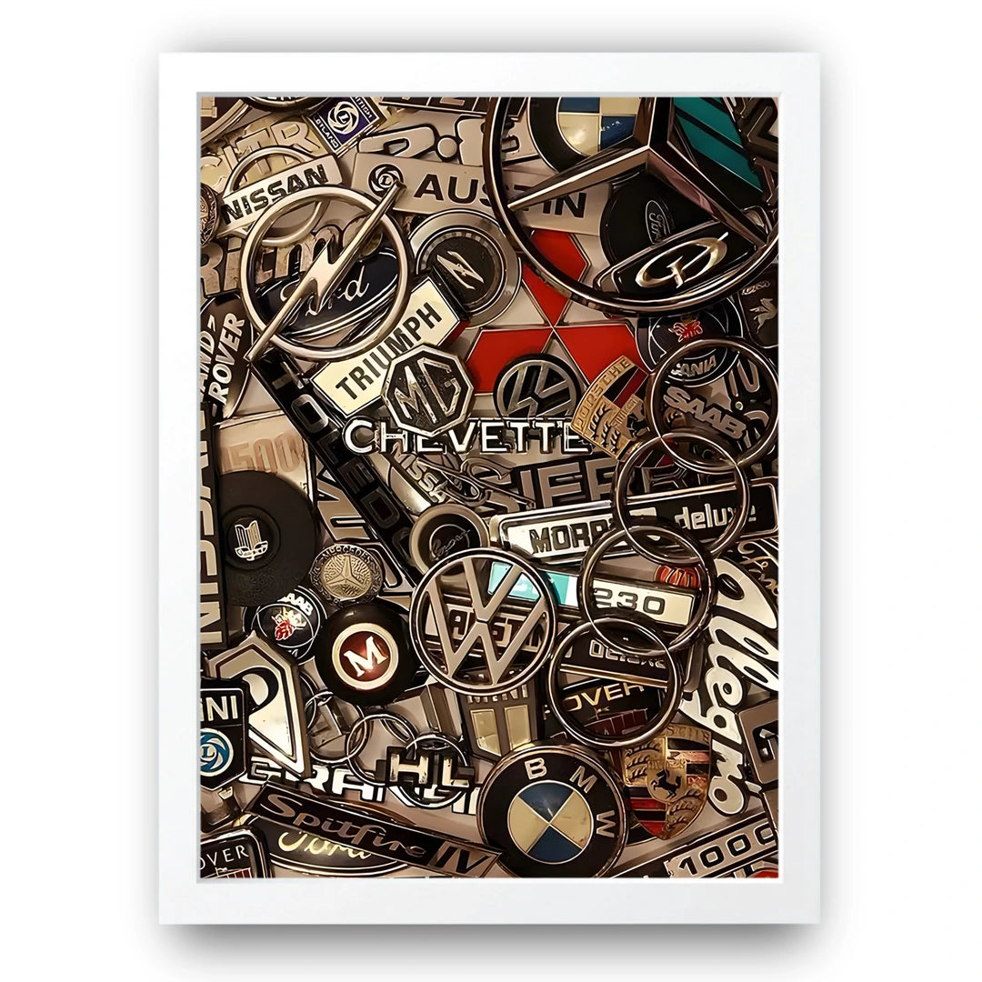 Badge Wall car badges poster in white frame