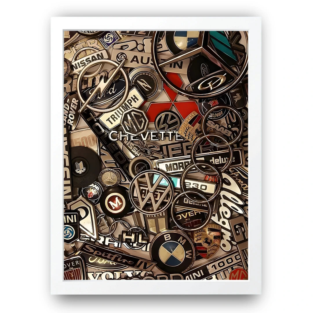 Badge Wall car badges poster in white frame