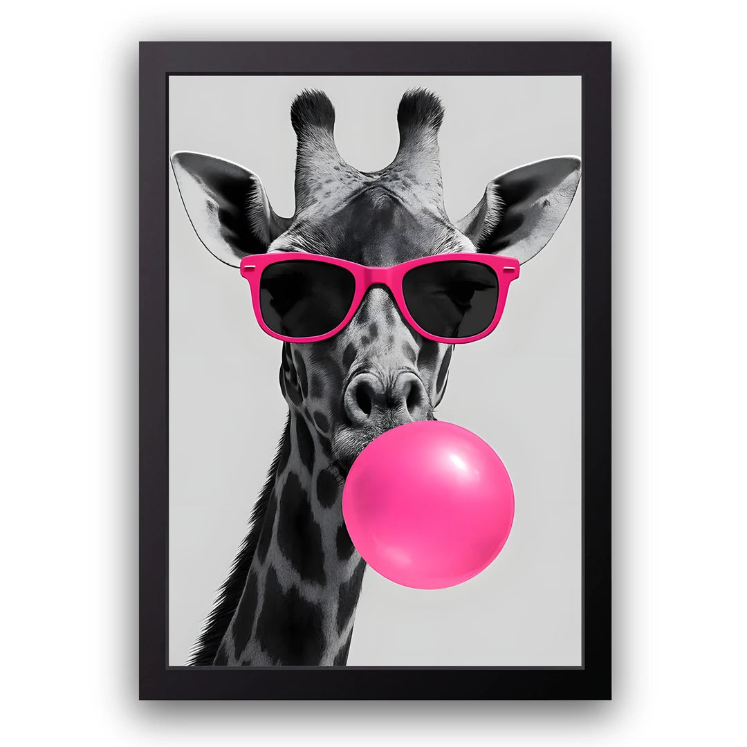 Bubblegum Giraffe animal poster in black frame