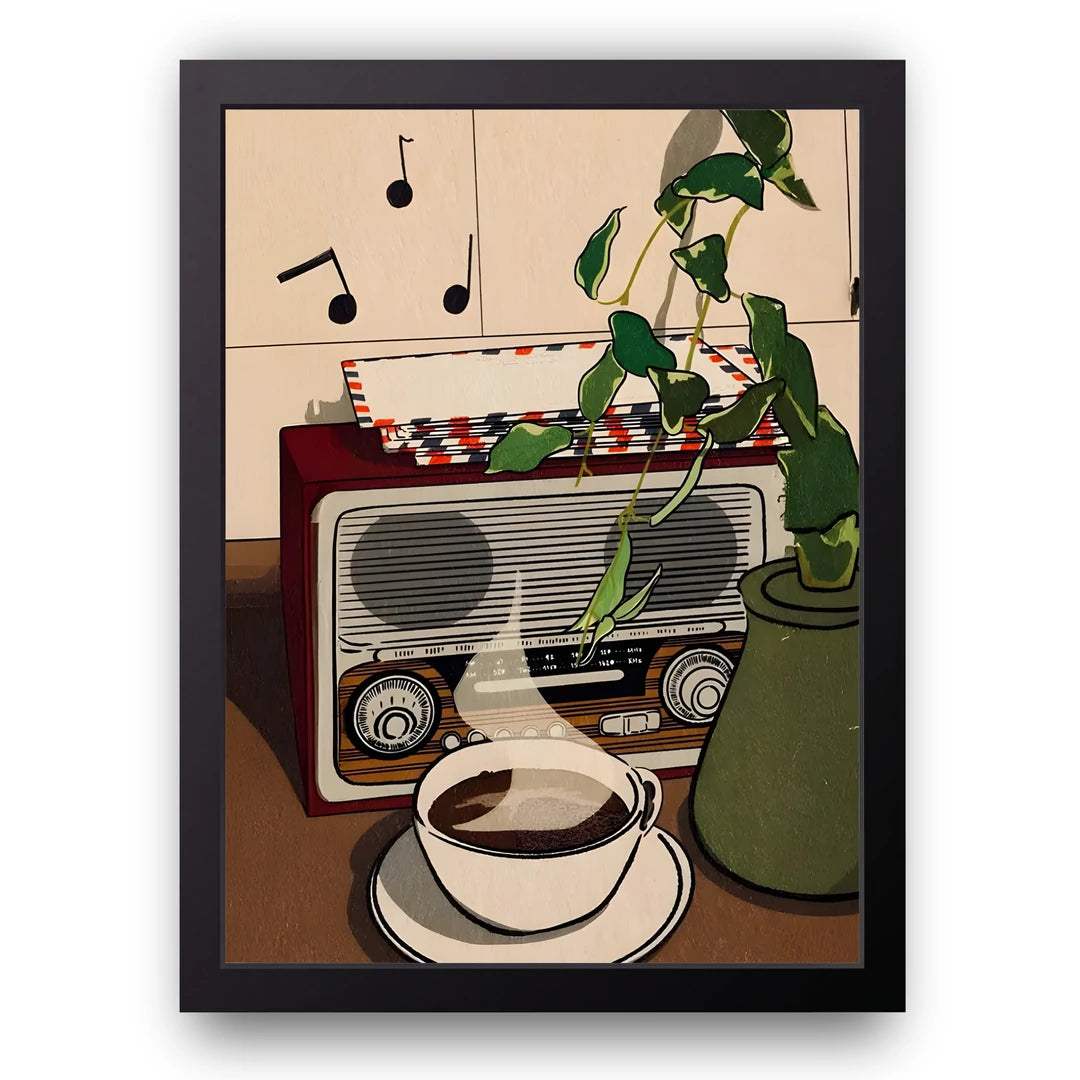 Radio Mornings retro poster in black frame