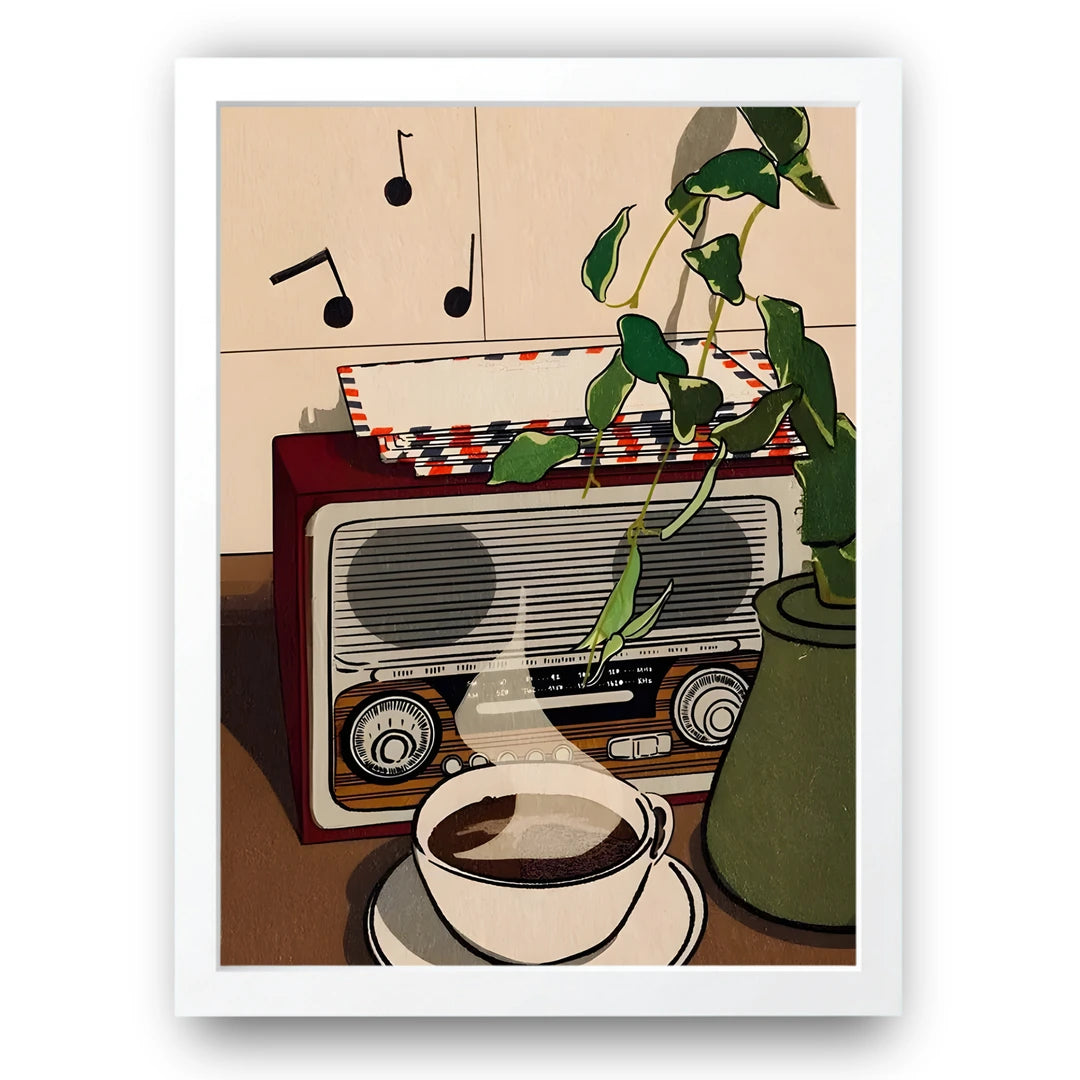 Radio Mornings retro poster in white frame