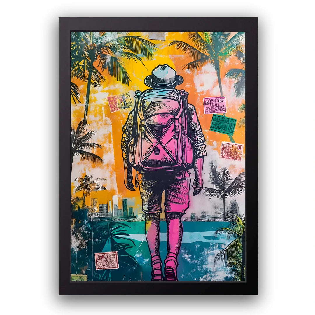 Wanderer travel art poster in black frame