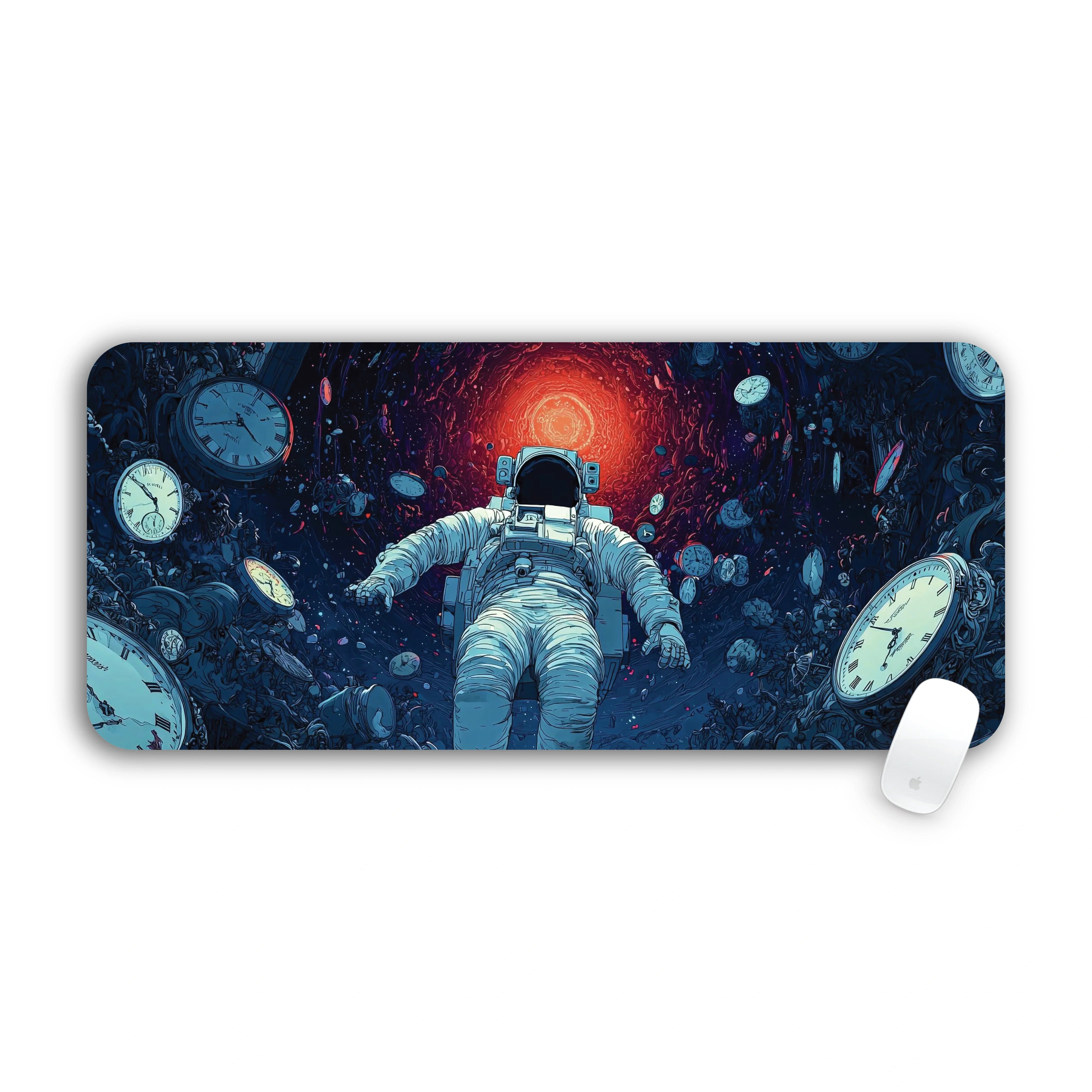 Astronaut floating among melting clocks large mouse pad 70x30