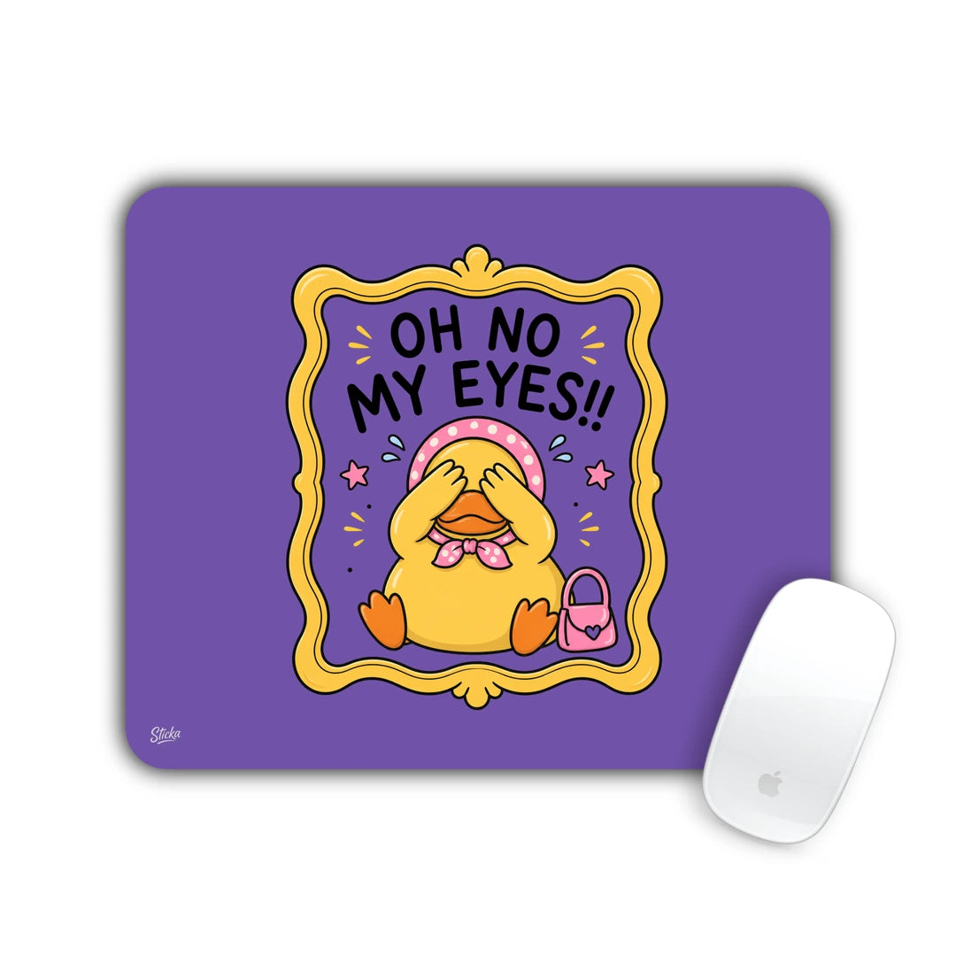 Cartoon chick in a pink bonnet covering its eyes inside a gold frame with 'Oh no my eyes!!' text mouse pad 23x19
