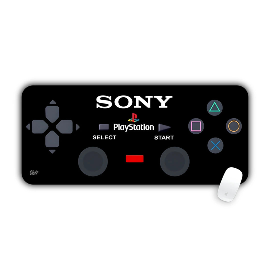 Classic Sony PlayStation original gray controller layout on black background desk pad 70x30