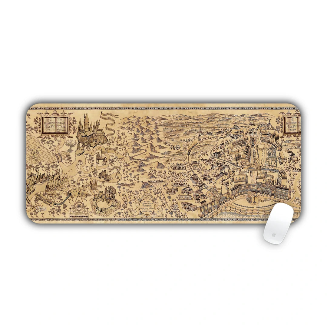 Detailed panoramic Marauder's Map drawing of Hogwarts castle and grounds on parchment desk pad 70x30