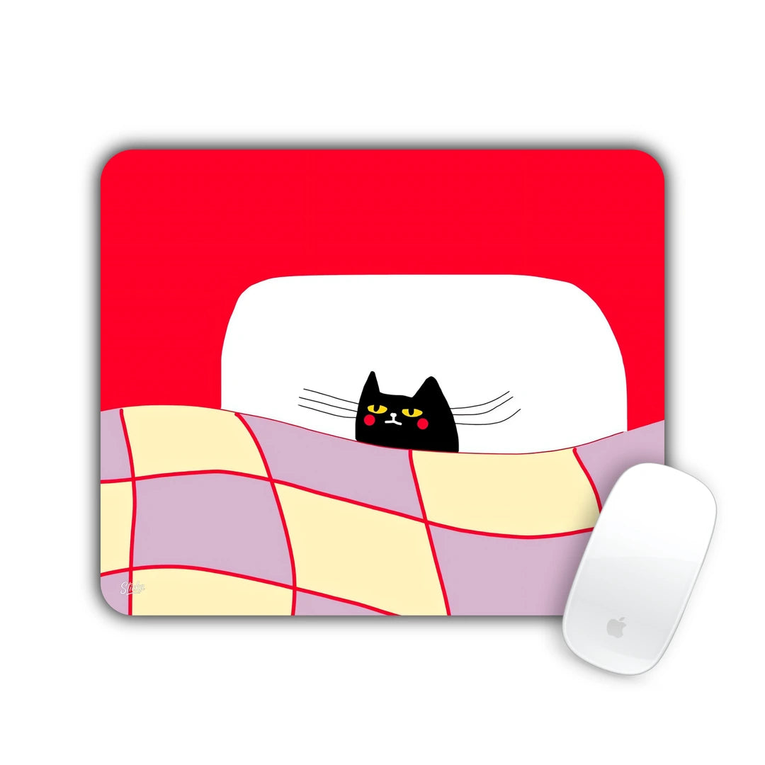Black cat peeking from under a checkered blanket on a red background mouse pad 23x19